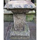 A small weathered three sectional cast composition stone sun dial of square cut form with