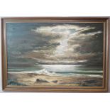 H Thompson (20th century British) - Moonlight - coastal scene, oil on board, signed and with title