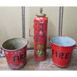 Two vintage fire buckets and a vintage fire extinguisher, The L & G Fire Appliance Company Ltd