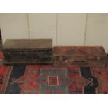 A small vintage stained pine tool chest containing wood turning chisels, etc, together with a