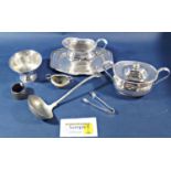 A mixed quantity of silver plated table ware, ladles, serving spoons, boiled egg tray, cruet set,