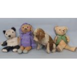4 vintage soft toys including a sitting dog with boot button eyes, stitched mouth, nose and claws, a