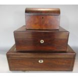 A rosewood 19th century writing box (af) another smaller and a Georgian walnut tea caddy, (af). 3