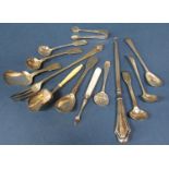 A mixed collection of silver mustard spoons, caddy spoons, tongs, boot pull, fork, 6oz total (13)