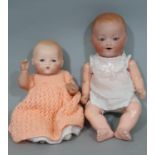2 small 1920's bisque head dolls by Armand Marseille, both with composition bent limb body and