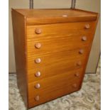 A White & Newton Ltd teak bedroom chest of six long drawers with dished moulded handles and