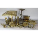 Brass ware including, kettle stands, candlesticks, fire tools, Alladin's lamp, ash trays etc and a