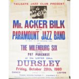 A 1960 poster for The Tailgate Jazz Club presenting Mr Acker Bilk and his Paramount Jazz Band,