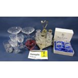 A mixed selection of glassware ranging from cut glass sorbet dishes, sherry glasses, glass bowl,