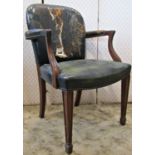 A Georgian style open armchair with green leather upholstered seat, arched back and arm pads with