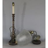 An opaque glass hanging lamp with brass fittings and a wooden barley twist table lamp (AF)