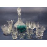 A cut glass ship's decanter, four 19th century etched glass bowls, two vases, three green wine