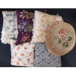 5 cushions including 3 needlepoint and 2 with aubusson style tapestry covers, all velvet backed, and