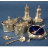 Five silver condiments, salts, pepper pots and spoons, etc, 8oz approx (8)