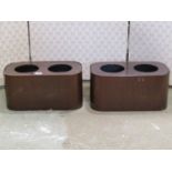 A pair of wooden two bottle coasters with loose pierced lids, 36 cm long x 19 cm wide x 18 cm high