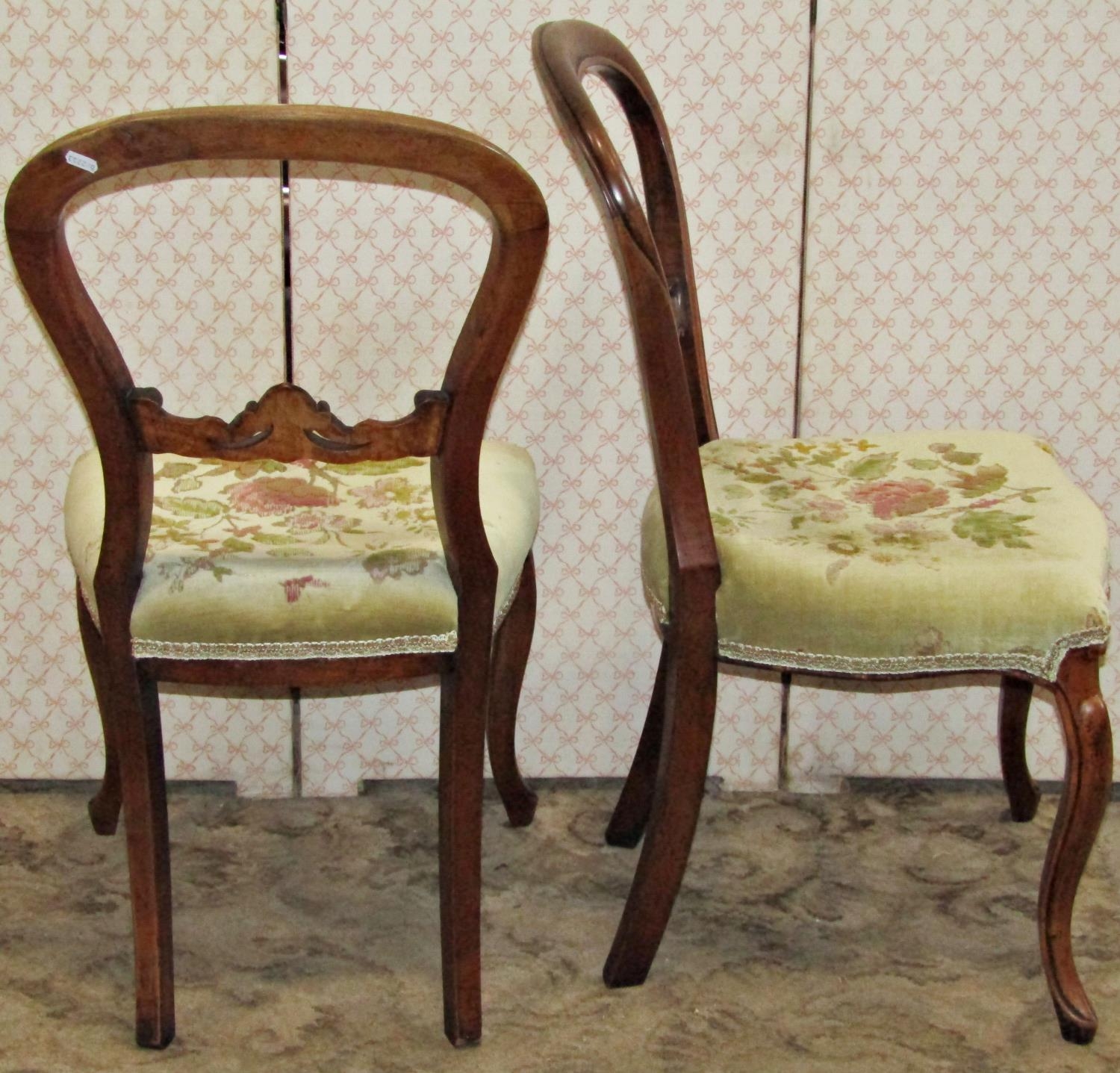 Six Victorian walnut balloonback dining chairs (slight variant in design), with moulded frames - Image 2 of 2