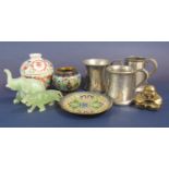 A small collection of miscellaneous effects including a Chinese bowl and cover, three small pewter