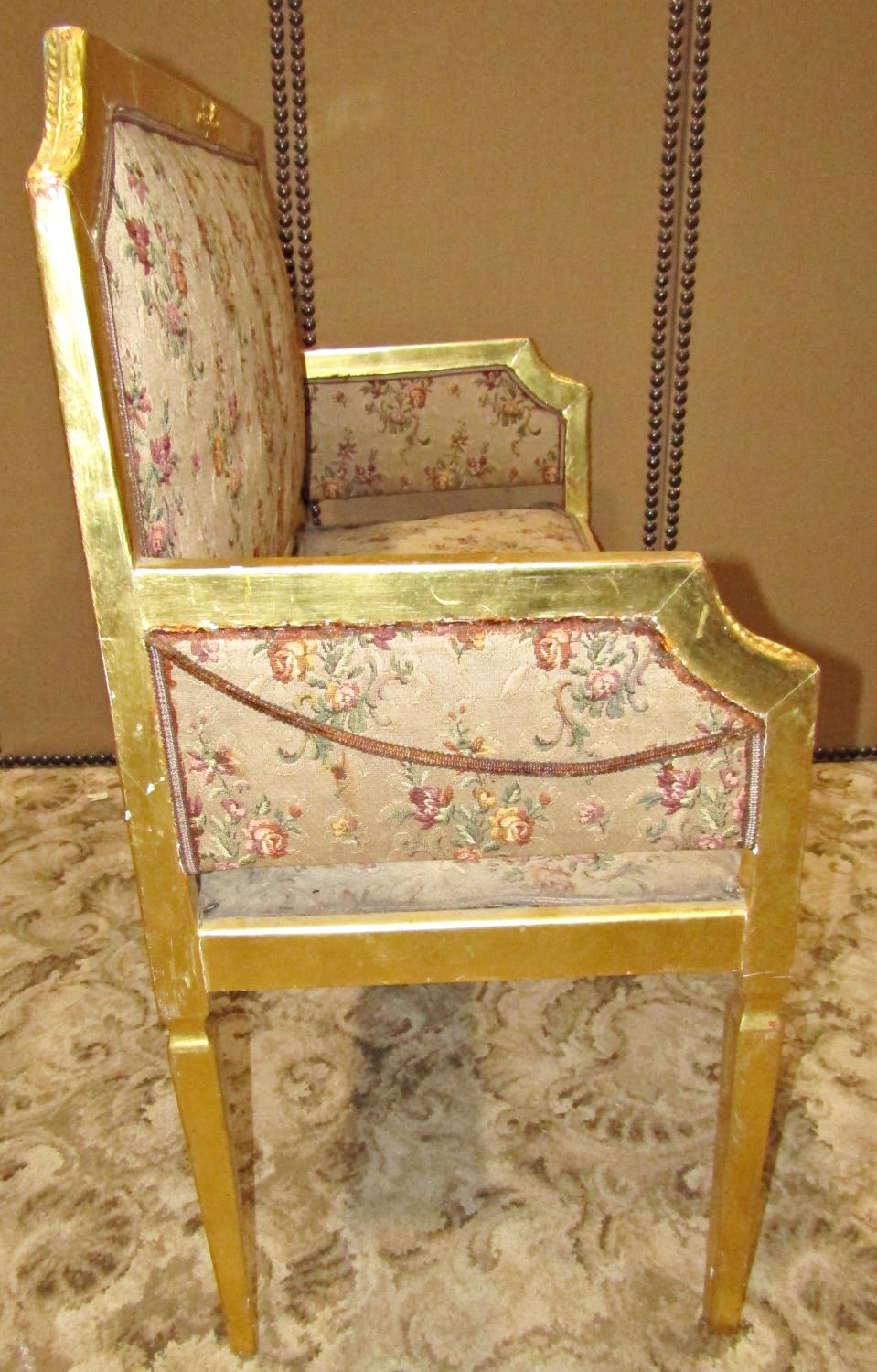 Two seat light weight parlour or salon sofa, with upholstered pad seat back and arms within a gilt - Image 3 of 3