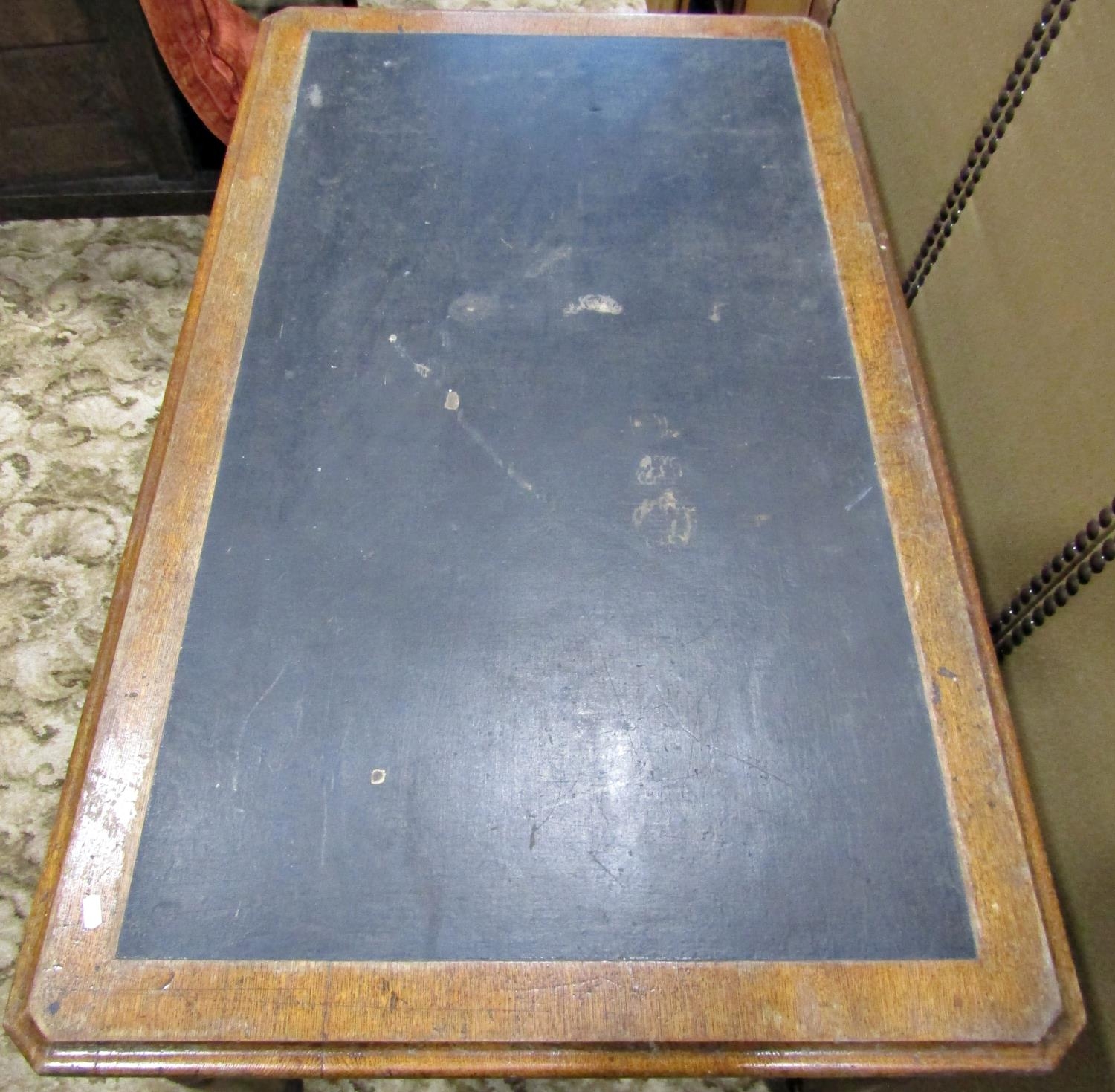 A Victorian oak kneehole desk, the rectangular top with moulded outline canted corners and faux - Image 2 of 3