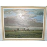 20th century British school - Landscape with farm buildings, oil on board, signed with monogram J.R.