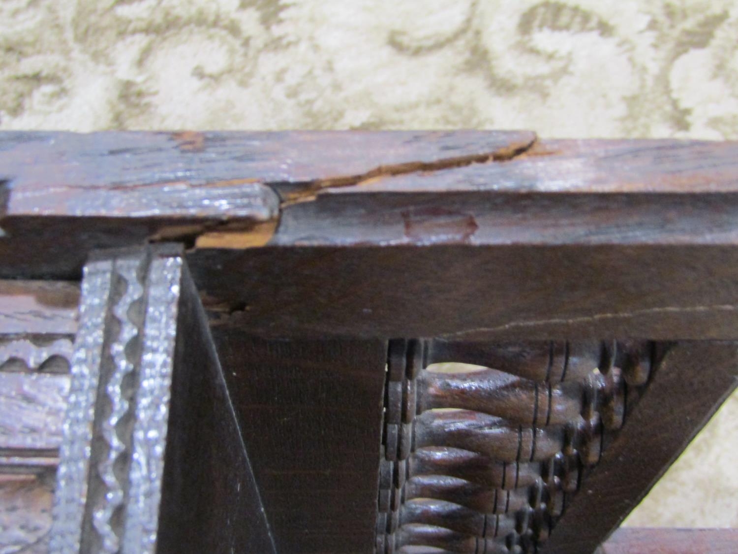 A late Victorian oak hanging corner cupboard, enclosed by a square panelled door with carved foliate - Image 5 of 5