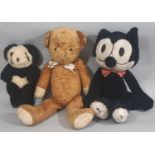 3 vintage soft toys including a 1960's sheepskin panda by Tinka-Bell, height 30cm, a 1982 Felix