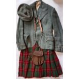 Vintage Scottish kilt, tweed jacket, waistcoat, sporran and badged tam o'shanter; Kilt (AF) is by