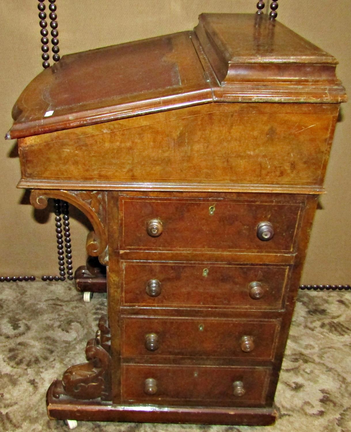 A Victorian walnut and figured walnut veneered davenport with inlaid detail and fitted with the - Image 4 of 6