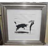 Two monochrome prints after Picasso, Bull Fighting, 65cm square approx