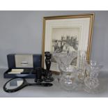 A collection of glassware, an ebony handled mirror, a pair of candlesticks and a hat pin holder,