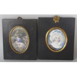 Two 19th century miniature portrait frames, one with embossed brass mounts, each enclosing two later