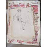 A collection of pencil and charcoal life drawings of male figures, etc, further prints, etc, all