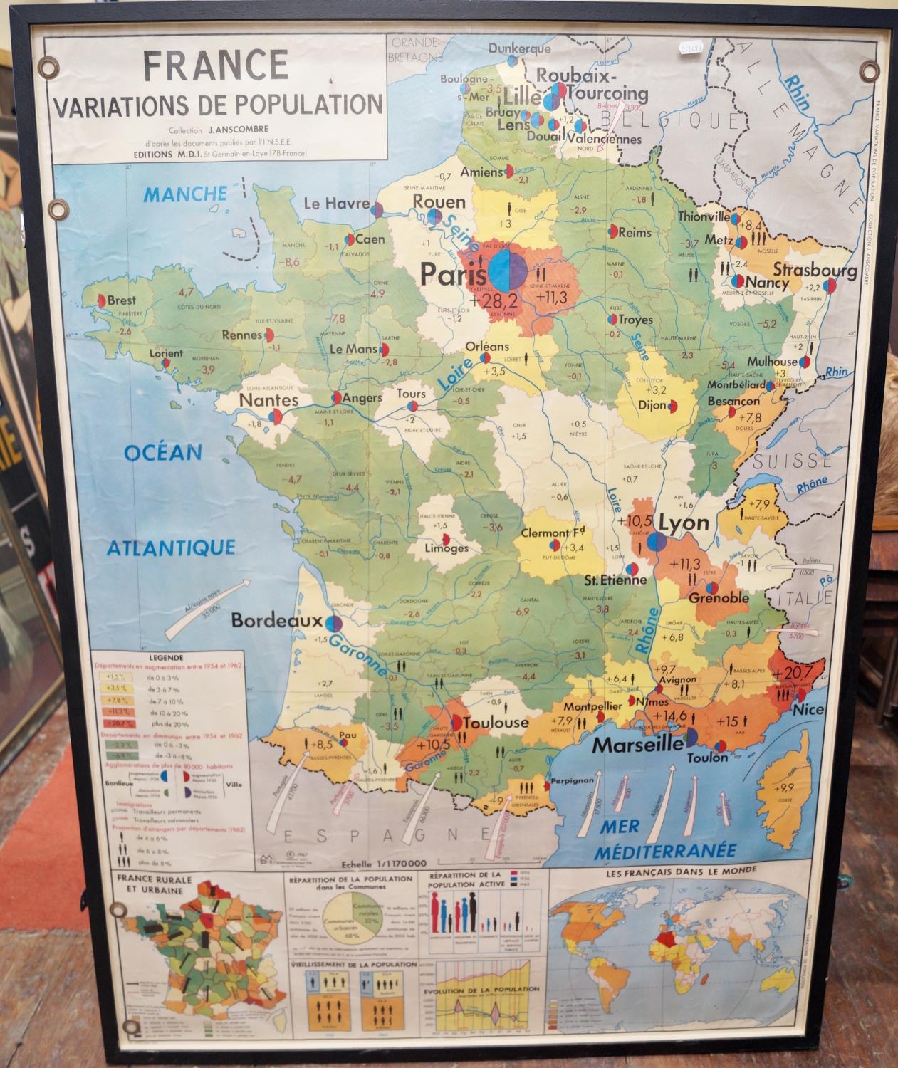 Three large coloured framed and mounted maps of France - Legumes, Fruits, Fleur, Les Progres Des