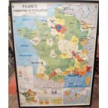 Three large coloured framed and mounted maps of France - Legumes, Fruits, Fleur, Les Progres Des