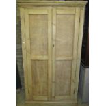 An antique stripped pine floorstanding side cupboard enclosed by a pair of full length plywood