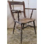 A 19th century Windsor Oxford bar back open elbow chair, principally in elm, (af)