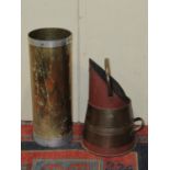 A cylindrical brass umbrella/stickstand with pop riveted seams, 56 cm high, together with a