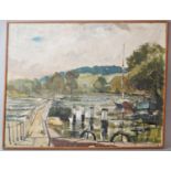 Peter Gilman (British 1928-1984) - Hambledon Lock, near Henley, oil on canvas, signed and
