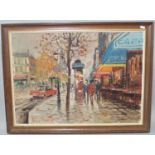 A 20th century oil on board of a Parisian street scene with figures, horse and cart, etc, signed A