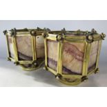 A pair of Arts and Crafts octagonal brass hanging lanterns with Blue John panels, 16.5cm wide x 15cm