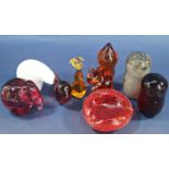 Six Wedgwood glass animals, including two owls, a polar bear, squirrel, elephant, a bird, together