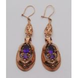 Pair of Victorian style amethyst drop earrings, hooks hallmarked 9ct, maker 'Se', Sheffield 1998,