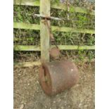 Vintage cast iron garden roller stamped 'John Barker & Co Ltd. London', with later tubular handle