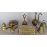 A Tibetan copper Gao, an Indian brass bells oil lamp in the form of a bird, oil jug, a brass