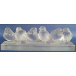 Art Deco Rene Lalique frosted glass six Sparrow Sculpture, engraved stamp 'R. Lalique France' to