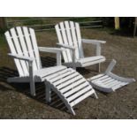 A pair of contemporary cream painted wooden garden open armchairs with slatted seats, backs and foot