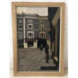 G. W. Duff (20th Century), Figures in a Street Scene, oil on canvas (with landscape painting on
