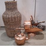 A 19th century copper coal scuttle and scoop and a 19th century copper kettle with acorn finial
