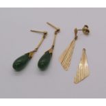 Pair of yellow metal jade drop earrings, 3g and a further pair of 9ct drop earrings (af), 0.8g