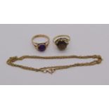 Two 1970s 9ct gem set rings - an amethyst and a smoky quartz example and a 9ct rope twist chain